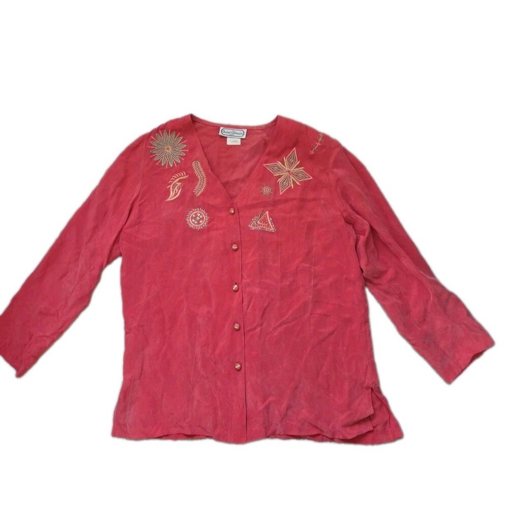 Vintage Saint Germain Paris Red Faux Suede Embroidered Button Blouse Top L EUC